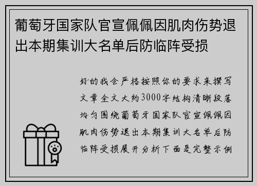 葡萄牙国家队官宣佩佩因肌肉伤势退出本期集训大名单后防临阵受损